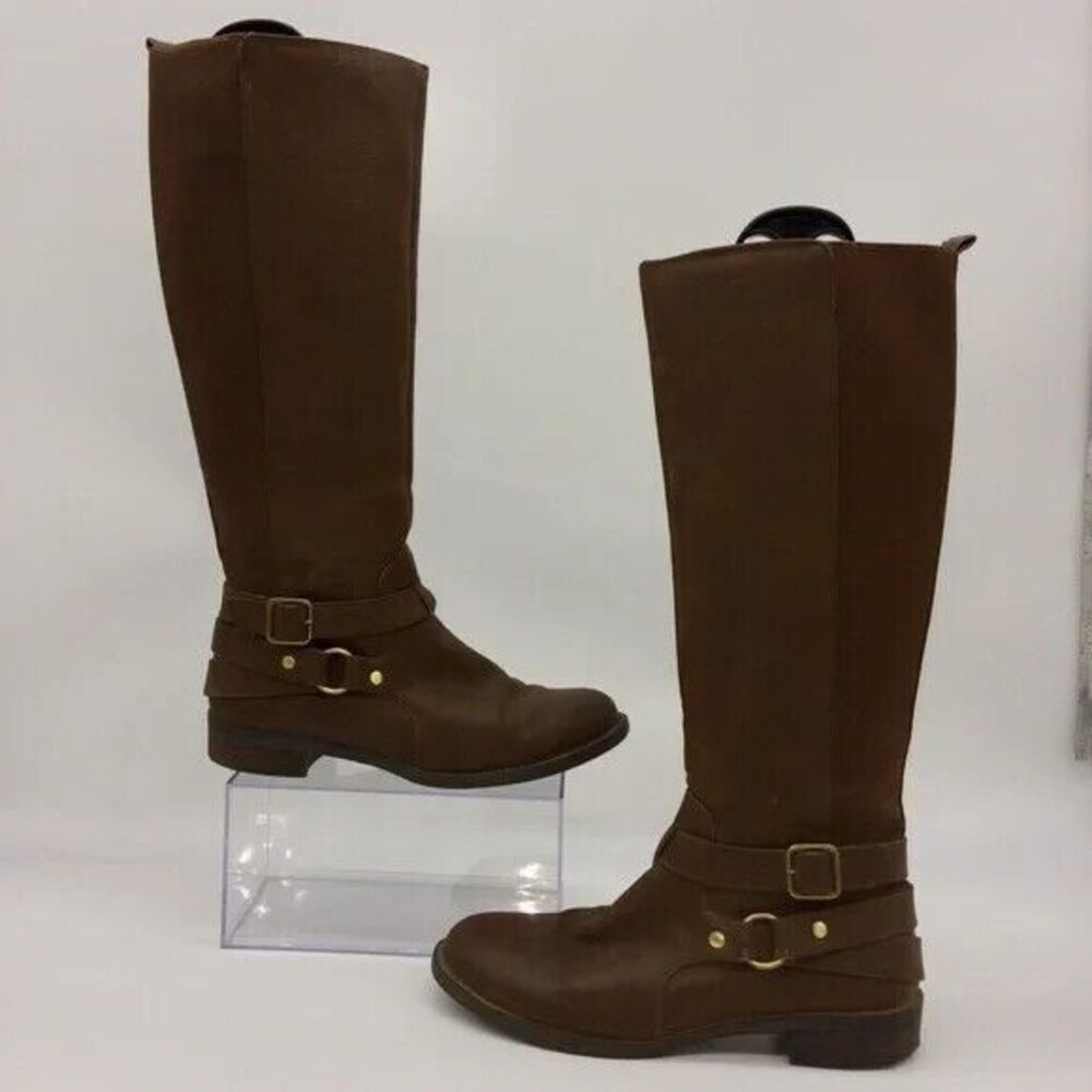 Kenneth Cole Brown Vegan Leather Tall Riding Boot w/Decorative Harness Straps-8
